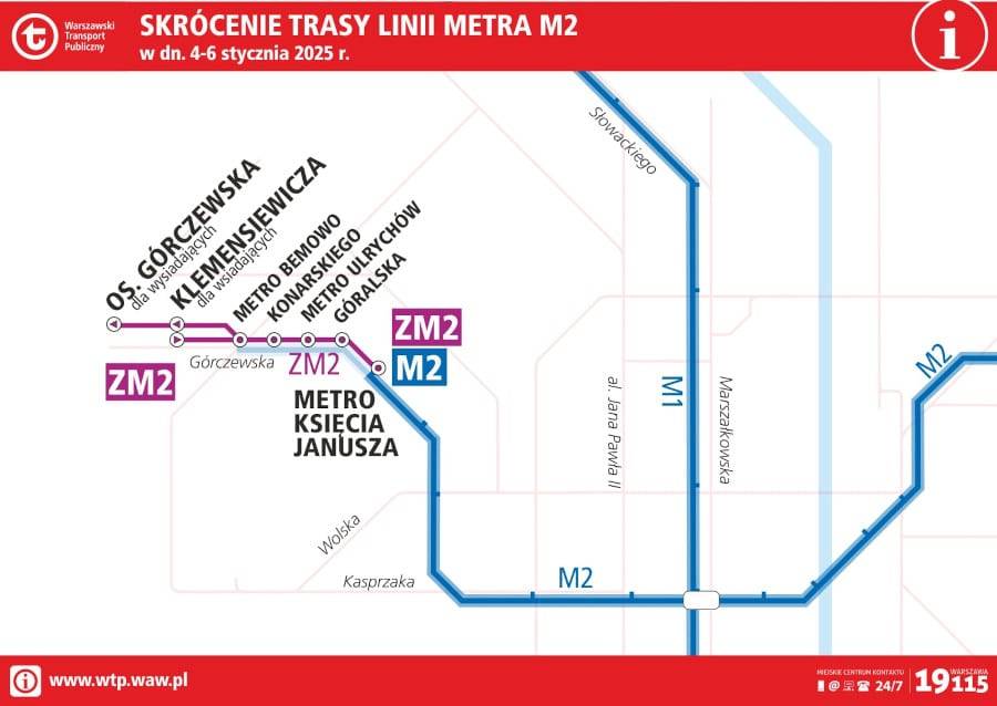 Skrócenie trasy linii metra M2_grafika ZTM Warszawa