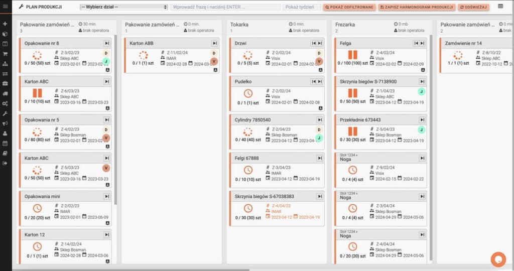 plan produkcji w postaci tablicy kanban