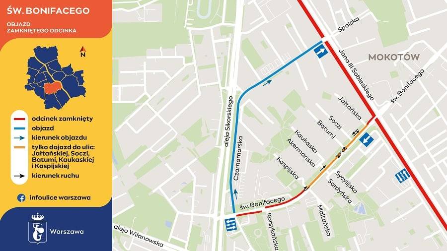 św. Bonifacego_objazd zamkniętego odcinka_graf. Infoulice Warszawa